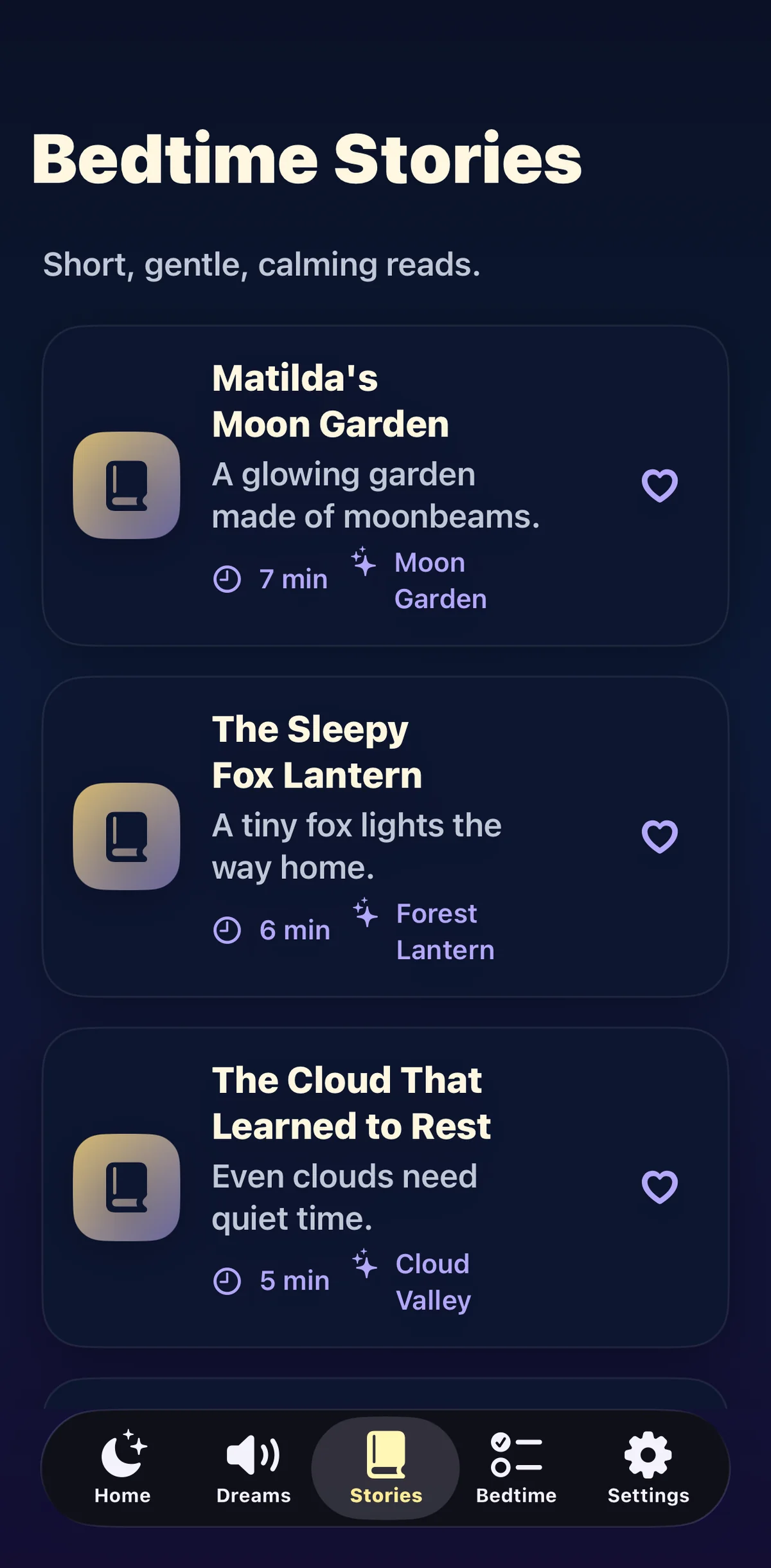 Little Dreamlight Bedtime Stories list with story cards
