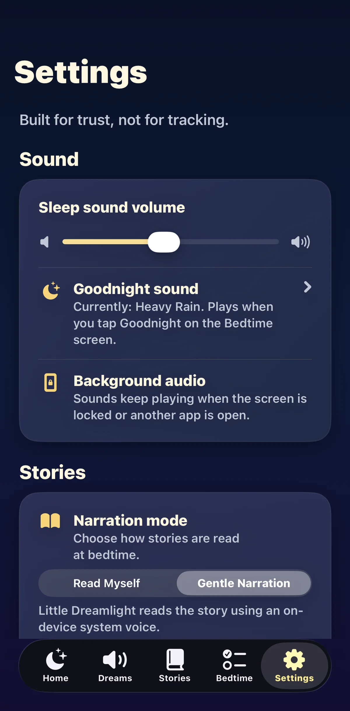 Little Dreamlight Settings with narration voice picker and on-device voice options