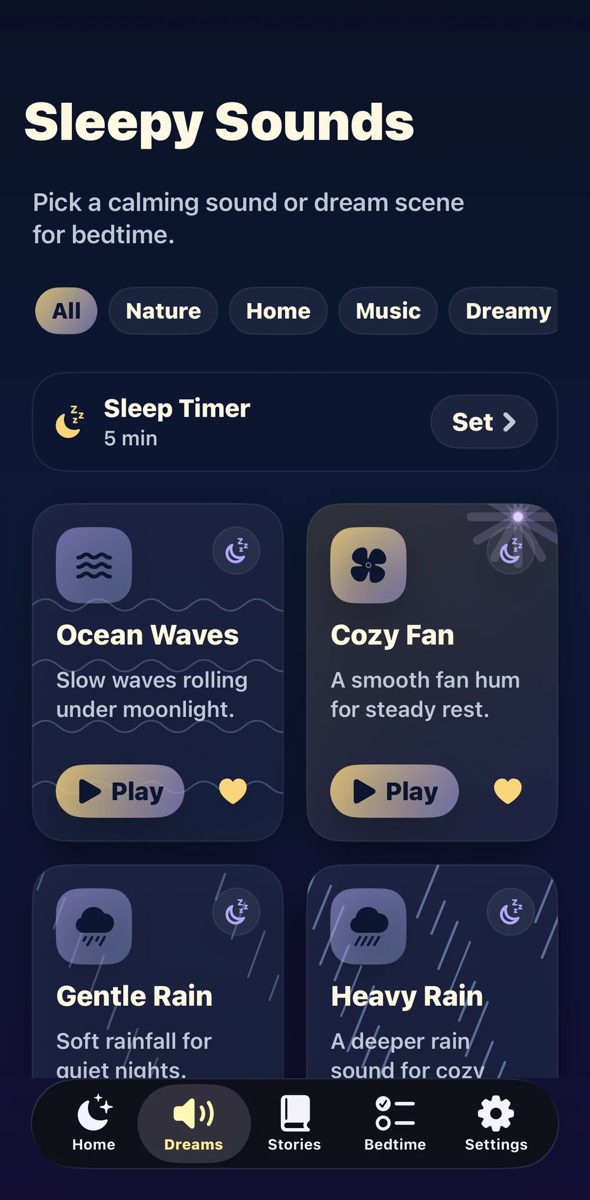 Little Dreamlight Sleepy Sounds screen with calming sound options