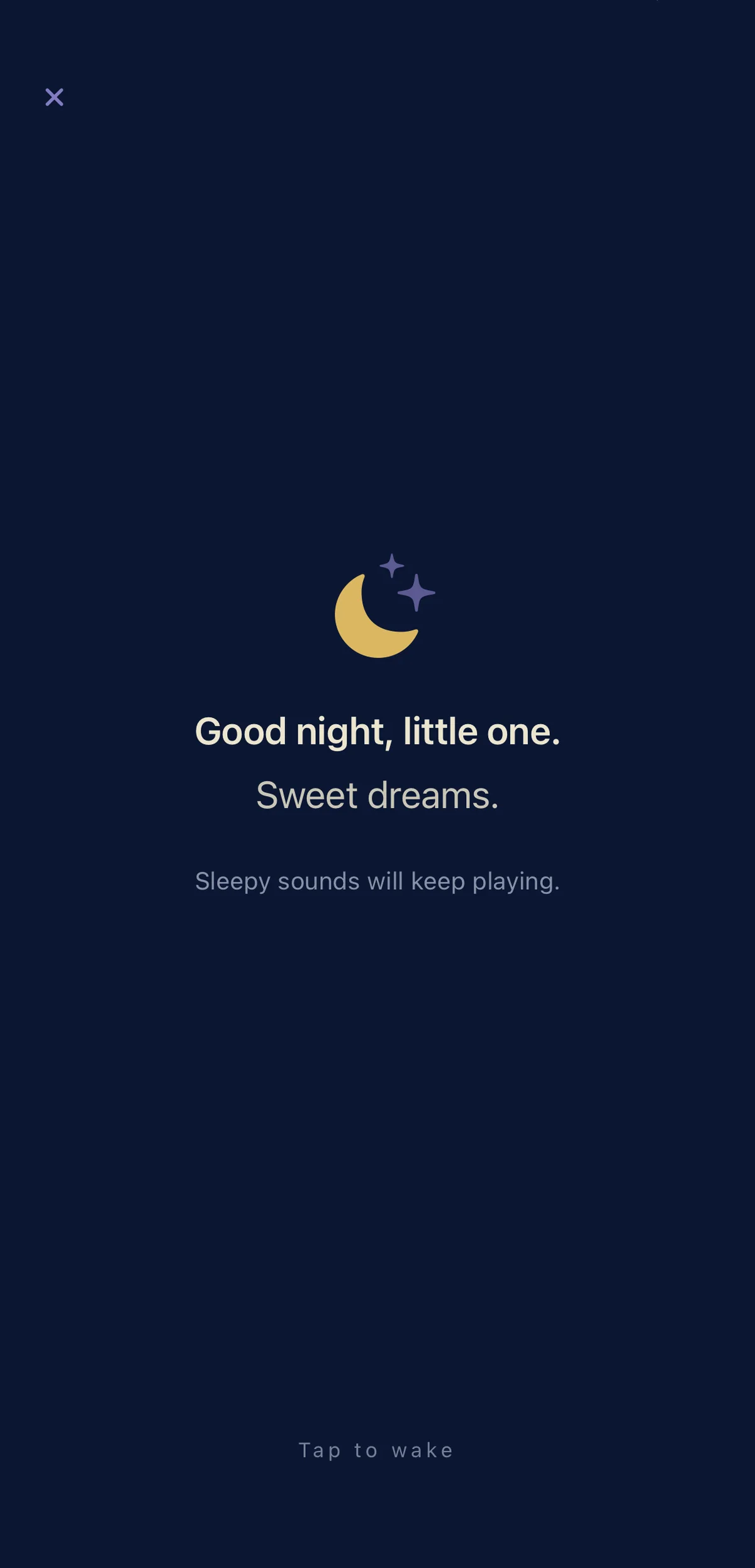 Little Dreamlight post-story standby screen with crescent moon, “Good night, little one. Sweet dreams.” and “Tap to wake”