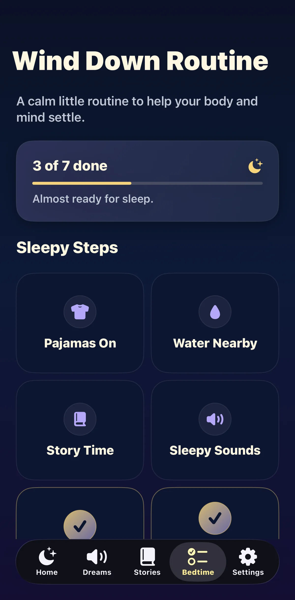 Little Dreamlight Wind Down Routine grid with Sleepy Steps tiles